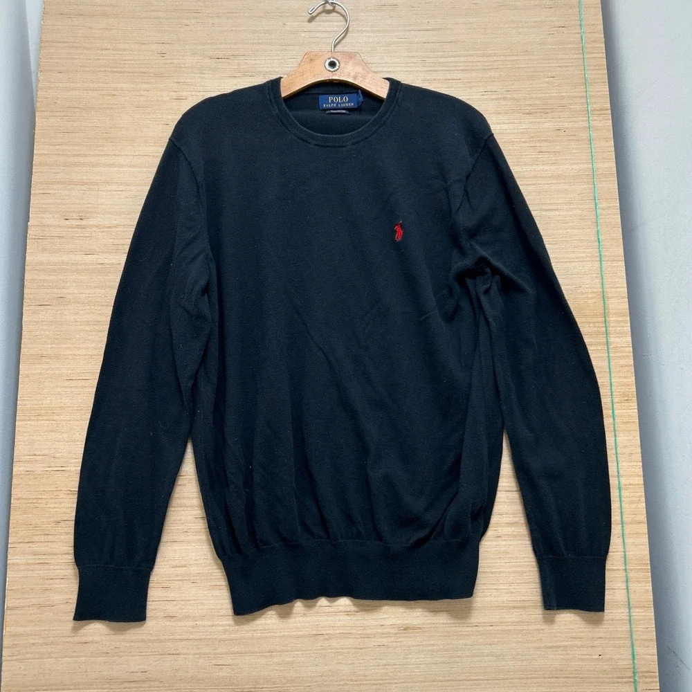 Polo Ralph Lauren Mens Pima Cotton Crewneck Sweater Black Red Pony Size M